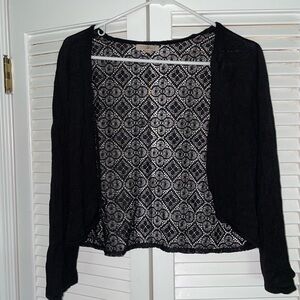 Roz & Ali Black Open-Front Lace-Back Cardigan